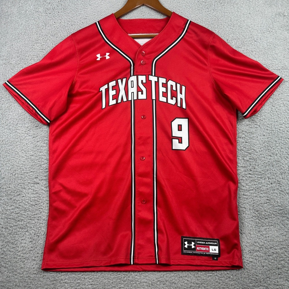 Texas Tech Red Raiders Under Armour Baseball Jersey Mens Large Red #9 Authentic